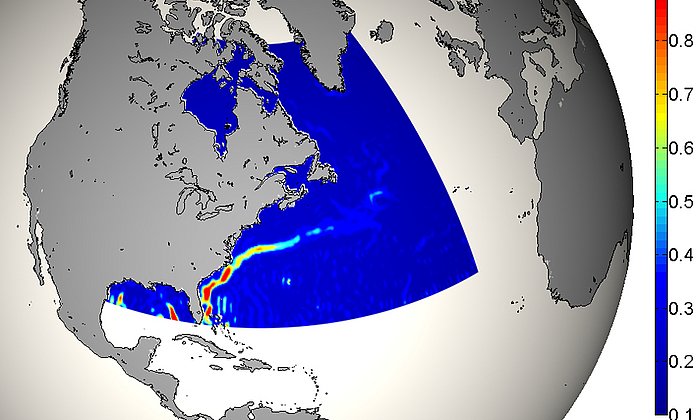Bild zeigt die Geschwindigkeit des Golfstroms, vom Weltraum aus bestimmt.