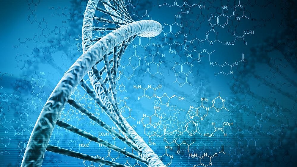 Graphical representation of a double-stranded DNA with chemical formulas in the background.