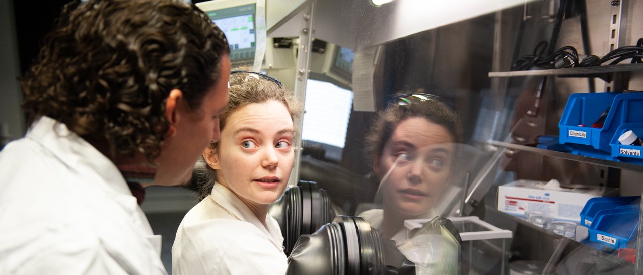 Prof. Rubén D. Costa and his student Ginnevra Giobbio work on the glove-box at the lighting system.