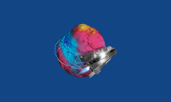 Collage: Schwerefeld-Modell der Erde (Geoid) mit Satellit Goce