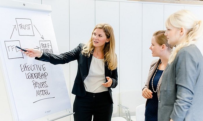 Three women in front of a whiteboard