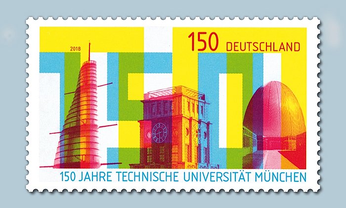 Die Jubiläumsbriefmarke zeigt den Oskar von Miller-Turm, den Thiersch-Turm und das „Atom-Ei“.