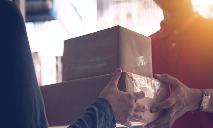 A mailman delivers a package.