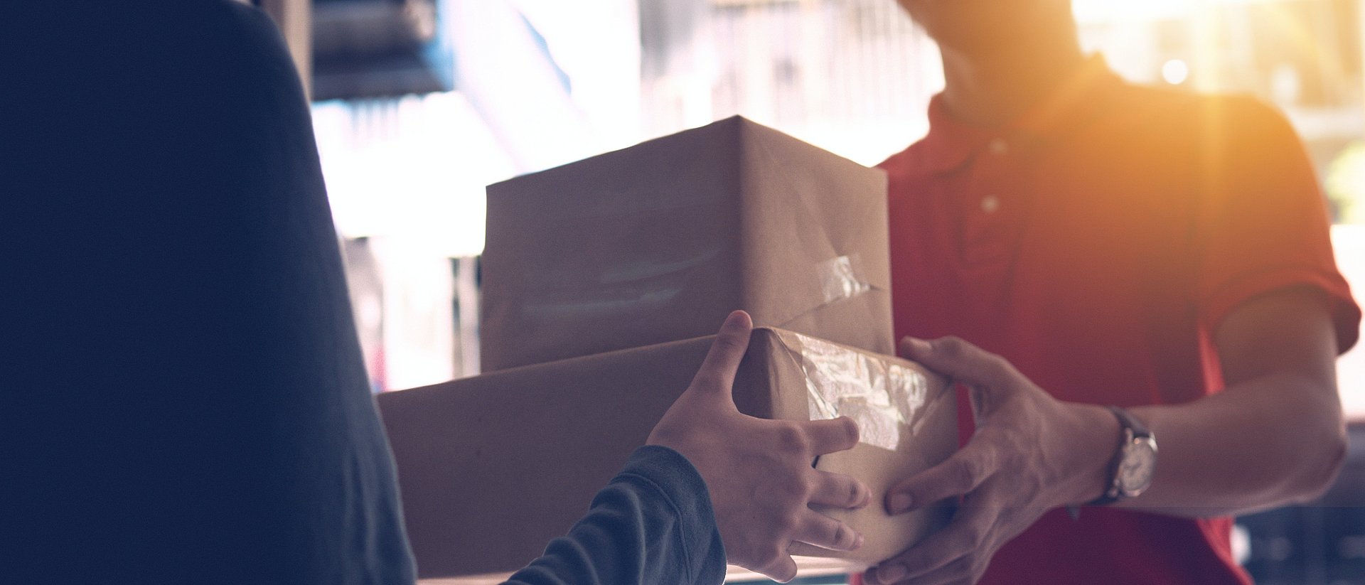 A mailman delivers a package.