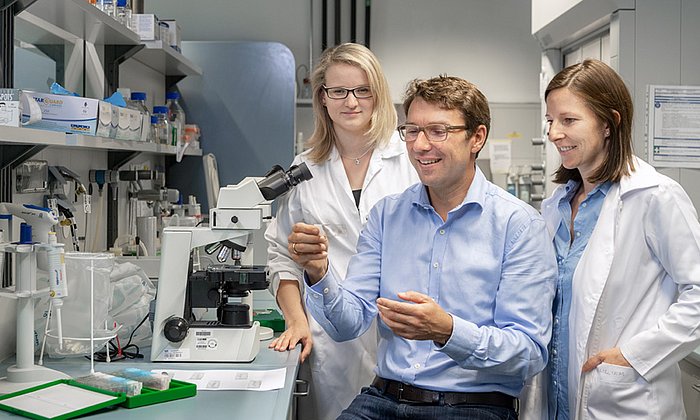 Nicht der Zellstress allein führt zum Tumorwachstum, sondern die Zusammenarbeit von Stress und Mikrobiota, fand Prof. Dirk Haller mit seinem Team heraus – hier bei der Analyse von Gewebeschnitten mit den Wissenschaftlerinnen Sandra Bierwirth (li.) und Olivia Coleman. (Bild: A. Heddergott/ TUM)