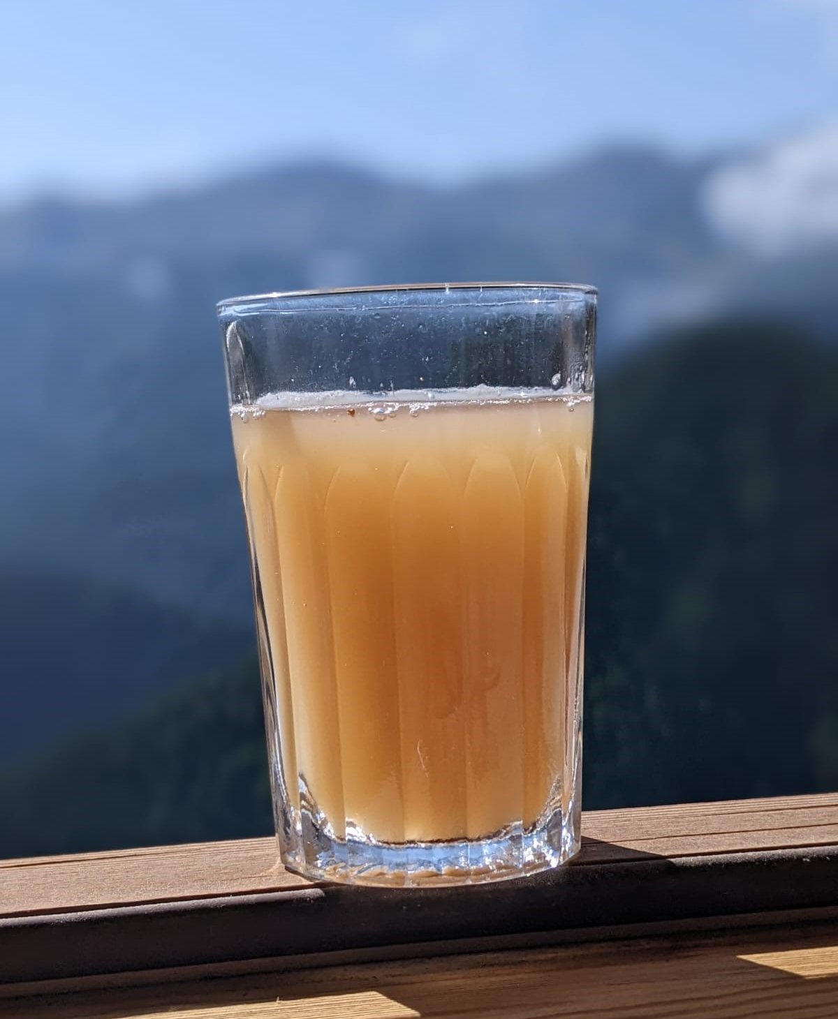 A glass of cloudy beer stands in front of a mountain ridge. 