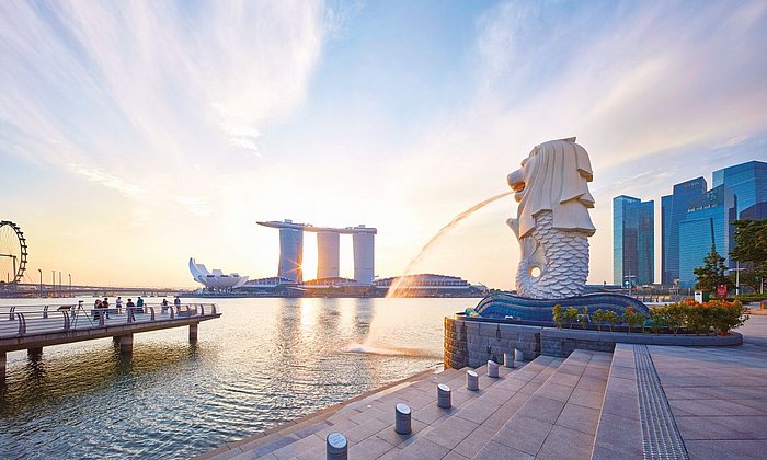 Merlion und Marina Bay Sands Hotel in Singapur