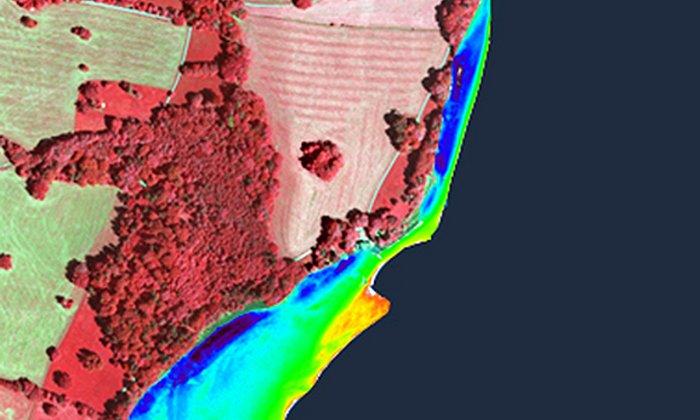 Aus Luftbildern – hier vom Westufer des Starnberger Sees – lesen Wissenschaftler heraus, wie stark bestimmte Wasserpflanzen verbreitet sind. Diese Informationen geben Aufschluss über die Wasserqualität (blau: unbewachsenes Sediment, grün und gelb: spärliche Vegetation, rotbraun: dichte Vegetation).