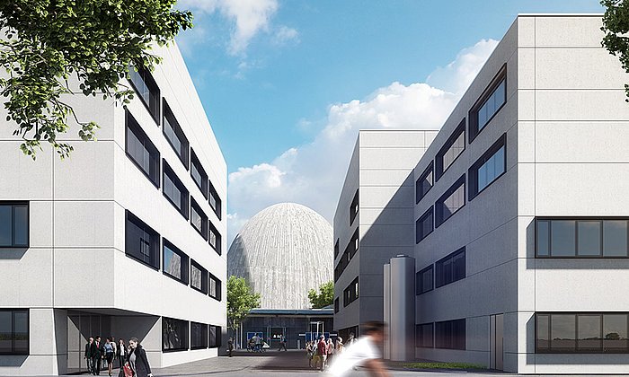 The “Atomic Egg” peeks out between the new research buildings for the Heinz Maier Leibnitz Zentrum – Image: HENN
