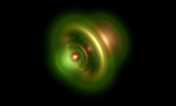 Aufenthaltswahrscheinlichkeiten des verbleibenden Elektrons nach Photoemission eines Elektrons aus einem Heliumatom - Bild: M. Ossiander / TUM, M. Schultze / MPQ