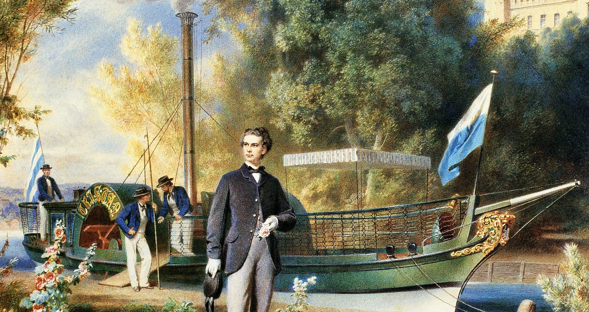 Postkarte nach einem Aquarell, auf der König Ludwig II. vor seinem Dampfschiff "Tristan" zu sehen ist.
