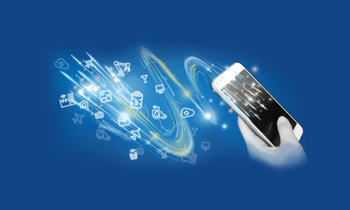 Collage: Icons symbolizing the Internet of Things swirling towards a smartphone