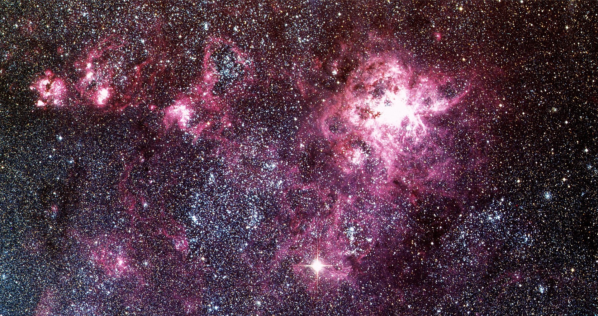 Tarantula Nebula in the Large Magellanic Cloud, obtained with the ESO Schmidt Telescope.