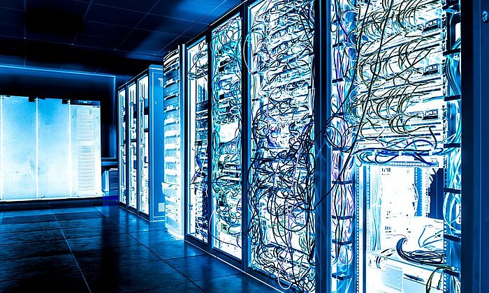 Big datacenter with connected servers and internet cable infrast
