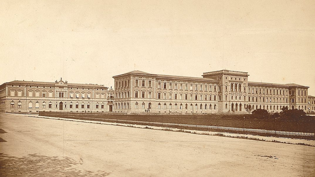 Photograph of the main wing of the Munich Polytechnic School, built by Gottfried von Neureuther, photographed ca. 1874.