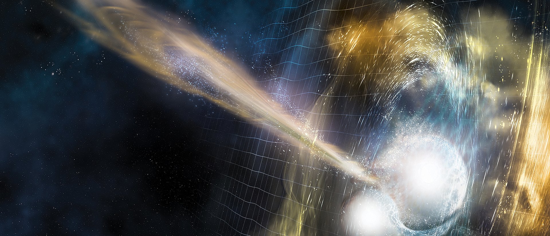 Illustration von zwei fusionierenden Neutronensternen. Aus der Kollision breiten sich Gravitationswellen aus, wenige Sekunden später ereignet sich ein Ausbruch von Gammastrahlen. Von den zusammenwachsenden Sternen werden wirbelnde Materialwolken ausgestoßen.