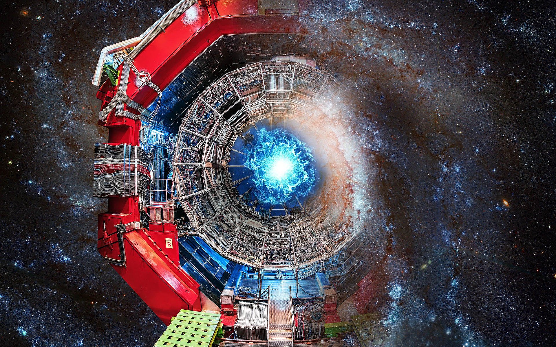 Künstlerische Darstellung der Antihelium-Vernichtung im ALICE-Detektor am CERN sowie im Universum.