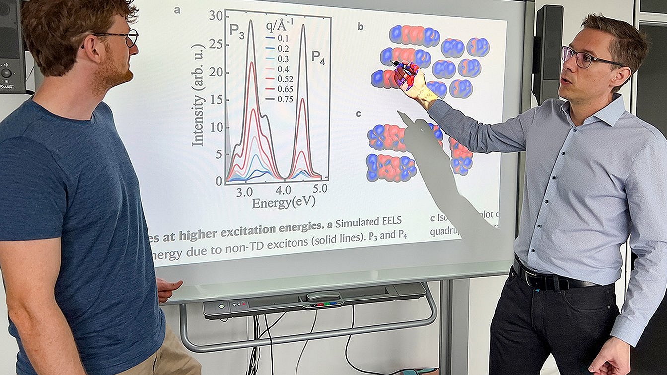 Prof. Frank Ortmann (right) and Maximilian Dorfner discuss how specific molecules can increase the efficiency of organic solar cells.