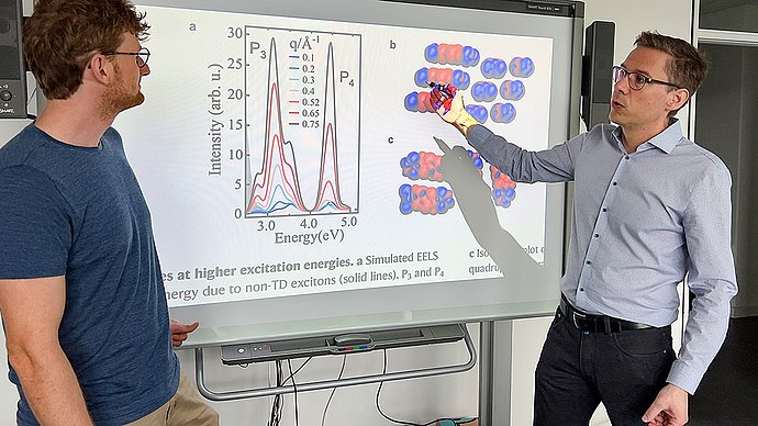 Effizientere organische Solarzellen Prof. Frank Ortmann (re.) und Maximilian Dorfner diskutieren, wie organische Farbstoffmoleküledie Effizienz von organischen Solarzellen erhöhen können.