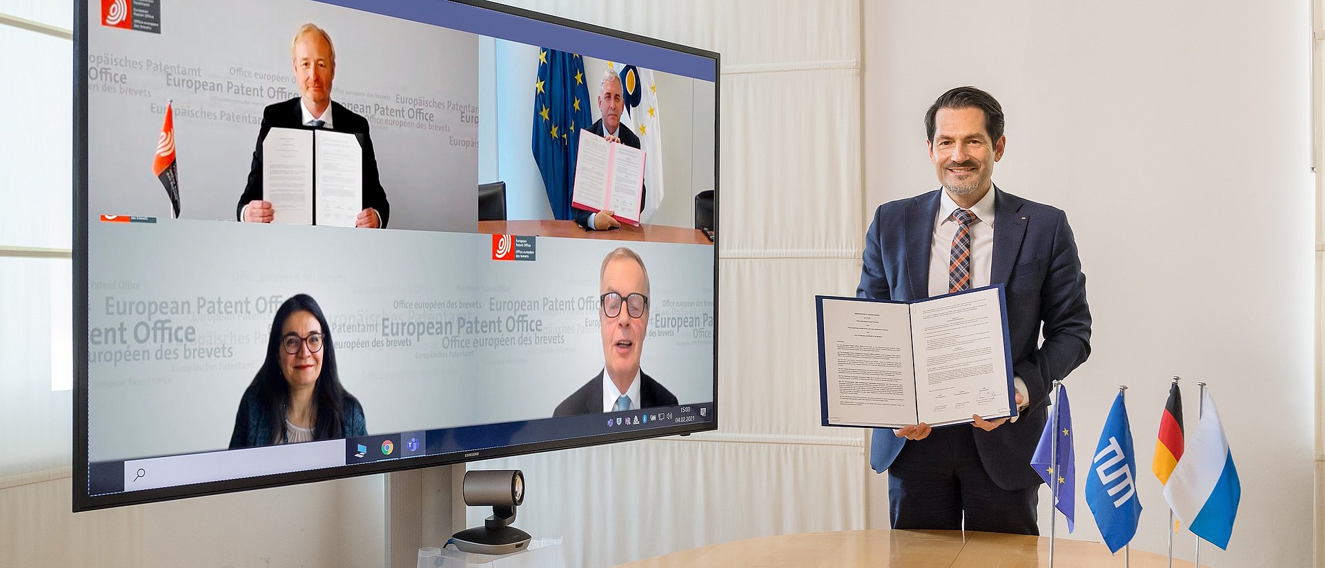Signing ceremony of a new collaboration betwen TUM and EPO TUM president Thomas F. Hofmann at the virtual signing ceremony