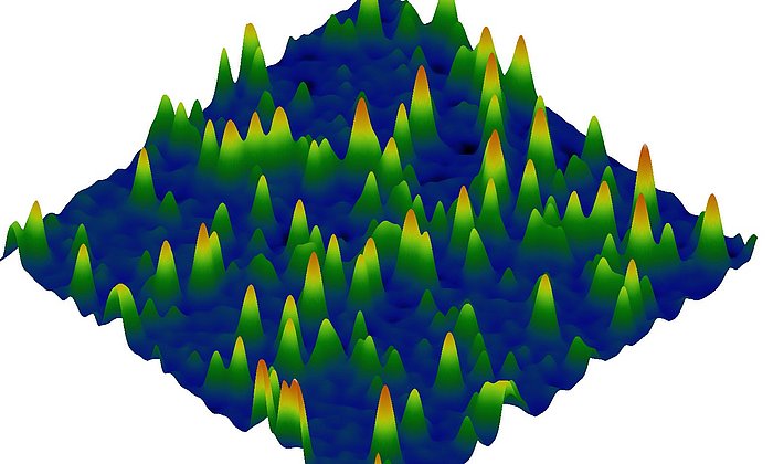 As part of her project, Dr. Barbara Lechner observes catalytic processes at atomic level. The green and orange peaks represent platinum clusters each containing 20 atoms on a flat iron oxide surface. This project, along with six others, is to receive funding from ERC Starting Grants.