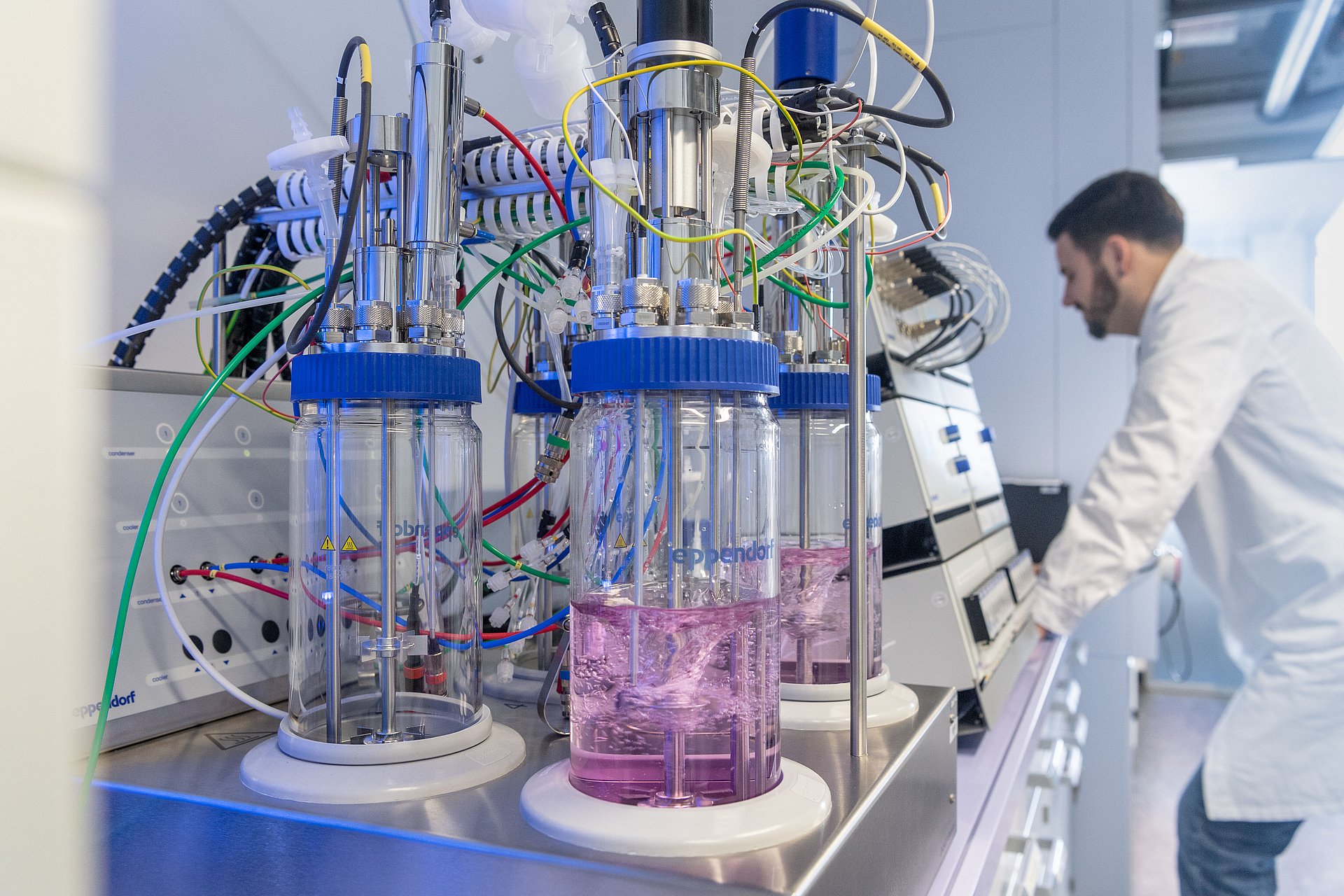 In a laboratory at TUM Campus Straubing researchers are working on fermentation of renewable resources and to develop sutainable biofuel production processes.