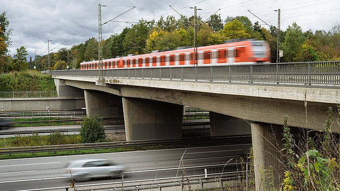 A train is crossing a railway bridge