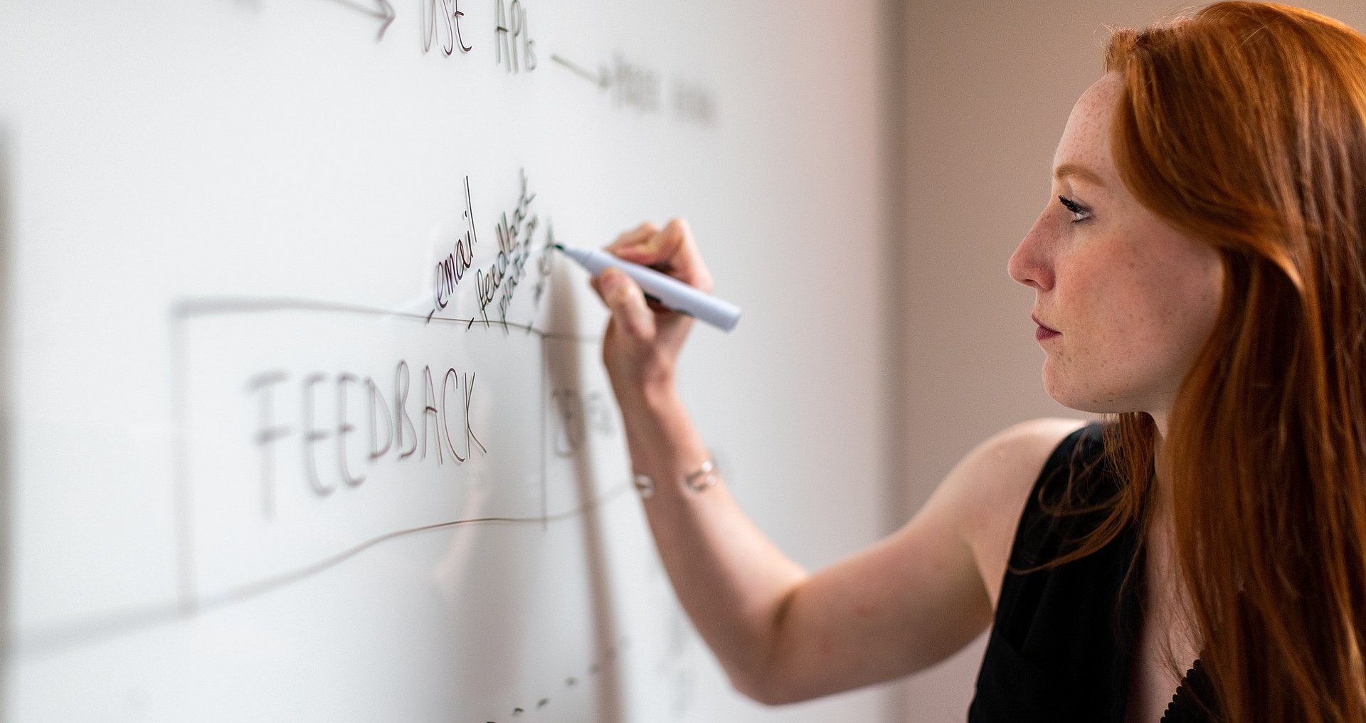 Frau schreibt Informationen auf ein Whiteboard