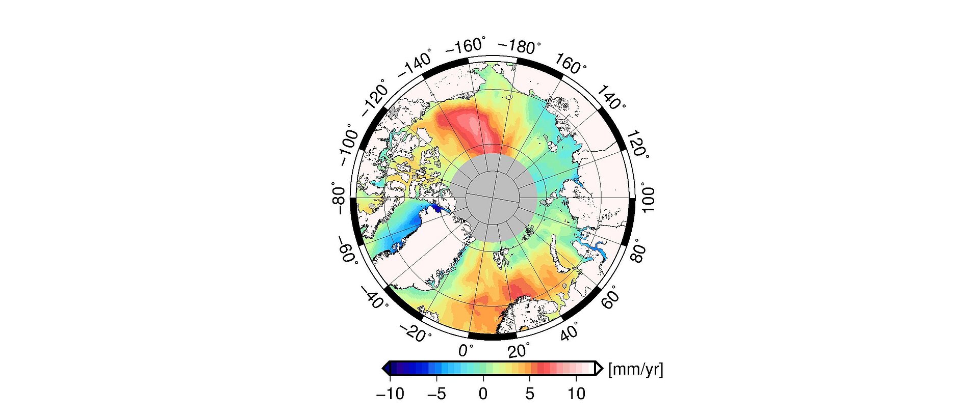 Die Karte zeigt, dass sich der durchschnittliche Anstieg des Meeresspiegels in der Arktis regional unterschiedlich auswirkt. (Bild: DTU/DGFI-TUM)