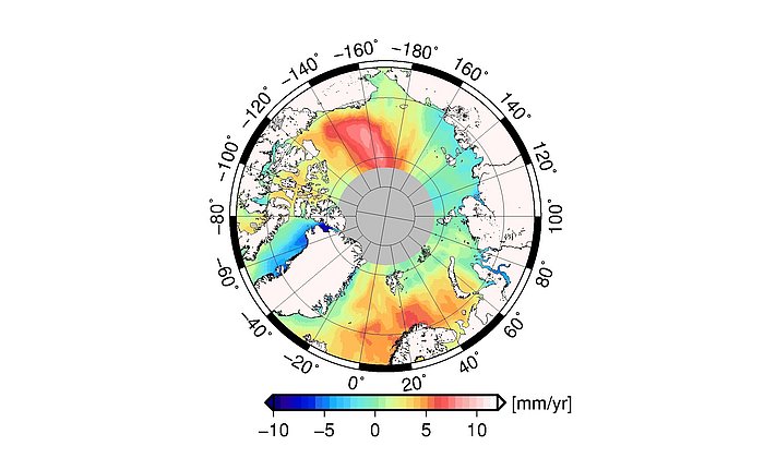 Die Karte zeigt, dass sich der durchschnittliche Anstieg des Meeresspiegels in der Arktis regional unterschiedlich auswirkt. (Bild: DTU/DGFI-TUM)