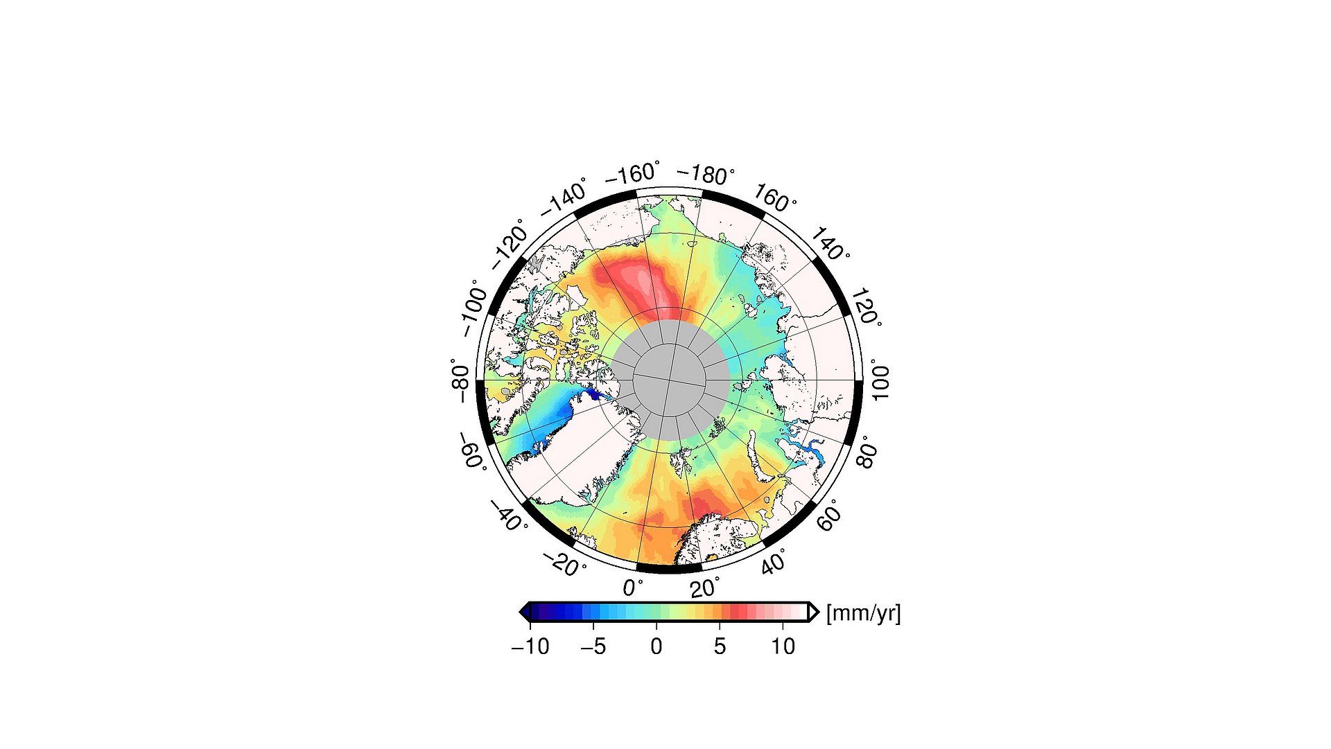The map illustrates that the average change in the Arctic sea level varies regionally.