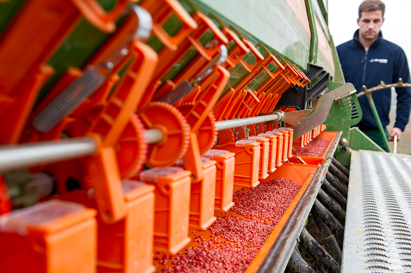 Agriculture trainee at the Weihenstephan campus with wheat seeder