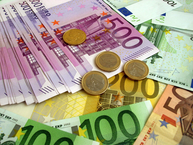 Euro bills and coins