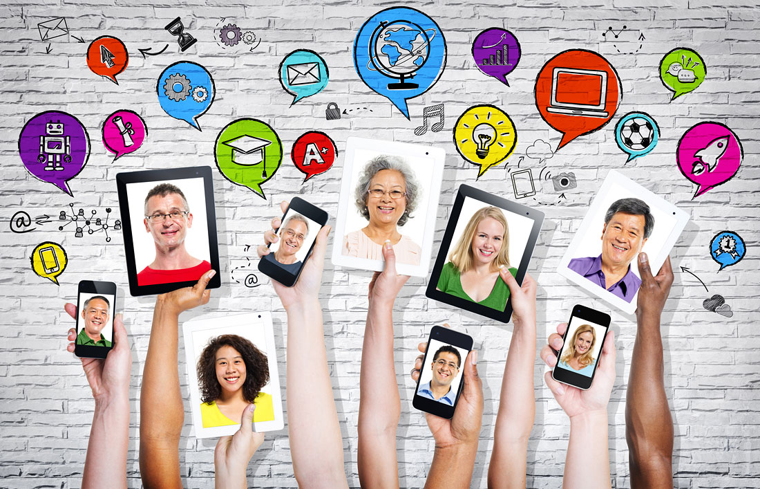 Photos of multi-ethnical people in a visual screen with social networking themed images above Photos of multi-ethnical people in a visual screen with social networking themed images above