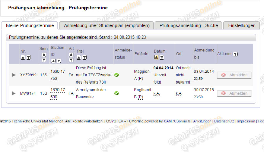 Fresh design, the German version: Exam registration feature of the Campus Management System TUMonline. (Picture: ITSZ)