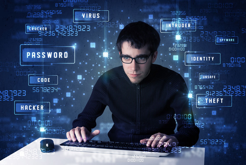 Student with keyboard surrounded by data security terms