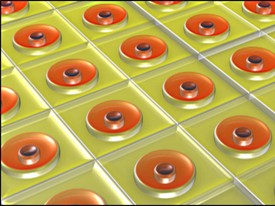 Struktur der aktiven Schicht der Polymer-Solarzelle. Die orangen Bereiche repräsentieren die aktiven Domänen, an denen Licht in Ladungsträger umgewandelt wird. - Grafik: TUMStruktur der aktiven Schicht der Polymer-Solarzelle. Die orangen Bereiche repräsentieren die aktiven Domänen, an denen Licht in Ladungsträger umgewandelt wird. - Grafik: TUM