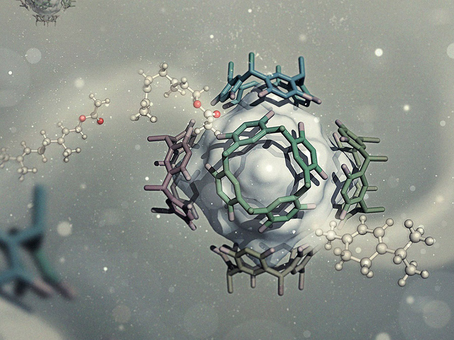 The octahedron-like cage catalyzes the cyclization reaction - Image: Johannes Richers / TUM