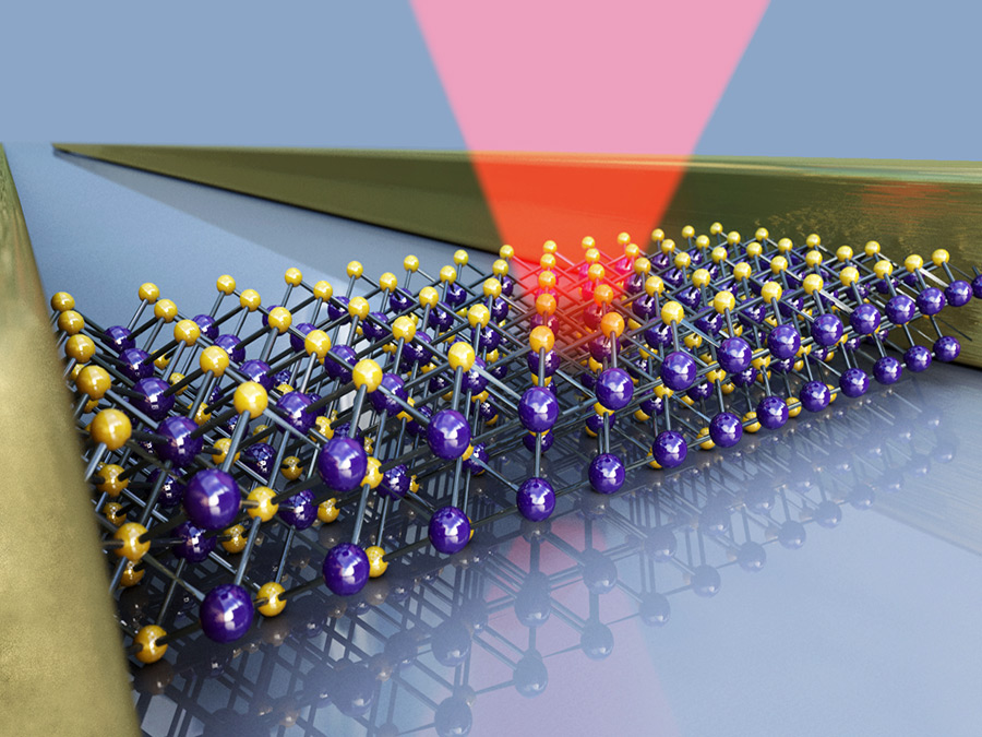 Wismut-Selenid-Probe zwischen zwei Gold-Elektroden – Bild: Christoph Hohmann / NIM