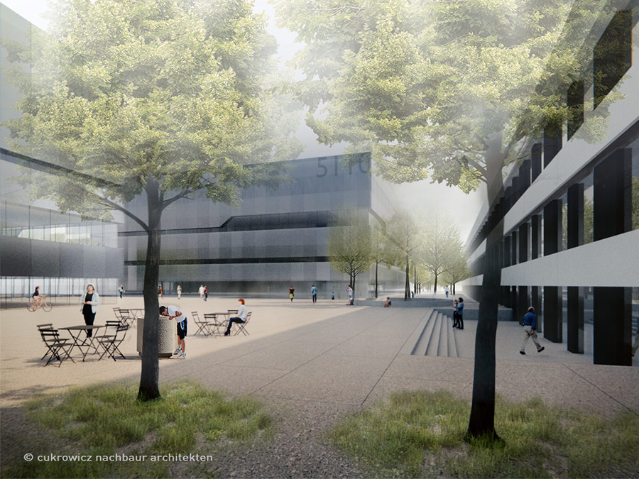Siegerentwurf, Westansicht – Grafik: Cukrowicz Nachbaur Architekten Siegerentwurf, Westansicht – Grafik: Cukrowicz Nachbaur Architekten