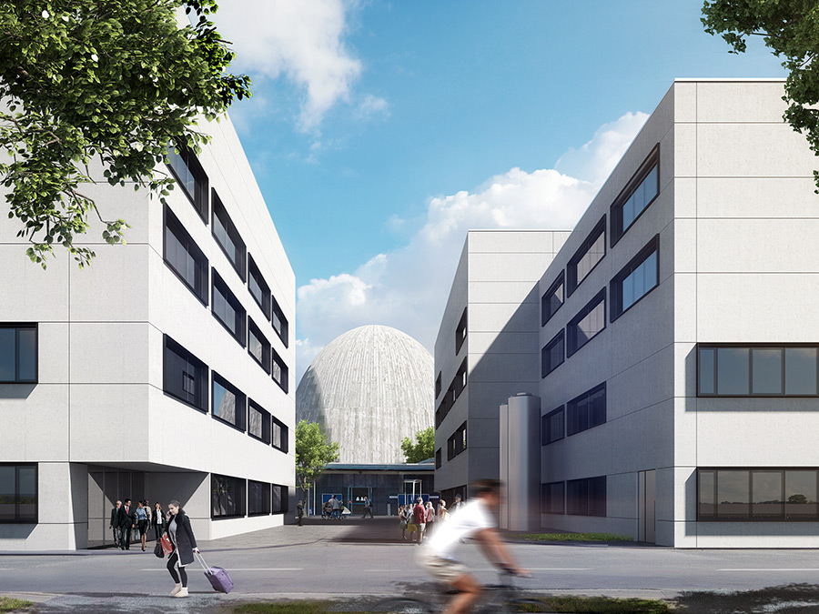 The “Atomic Egg” peeks out between the new research buildings for the Heinz Maier Leibnitz Zentrum – Image: HENN