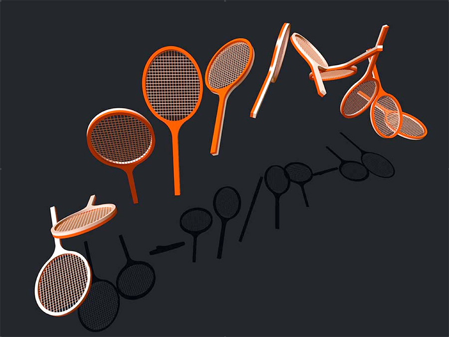 Momentaufnahmen der simulierten Rotation eines Tennisschlägers während der Flugphase. Während sich der Schläger um 360 Grad um die Querachse dreht, führt der Tennisschläger-Effekt zu einer unbeabsichtigten zusätzlichen 180 Grad-Rotation um seine Längsachse, so dass nach der Gesamtdrehung die rote Unterseite nach oben zeigt. (Bild: Steffen Glaser / TUM)