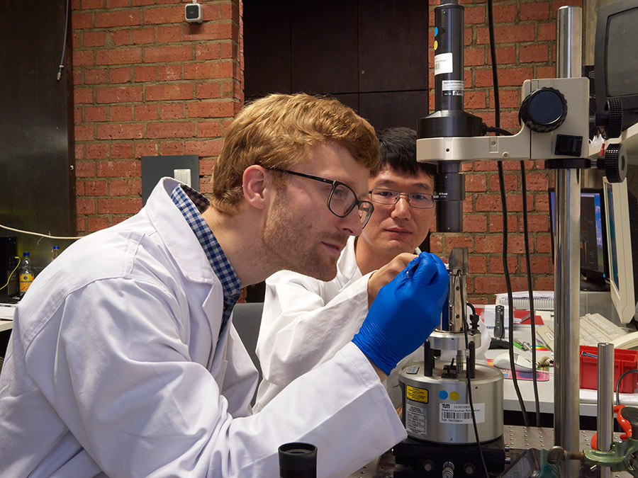 Jonas Pfisterer und Yunchang Liang am Rastertunnel-Mikroskop im Labor der Arbeitsgruppe von Prof. Bandarenka, Professur für Physik der Energiewandlung und -speicherung der TU München. (Bild: Wenzel Schürmann / TUM)