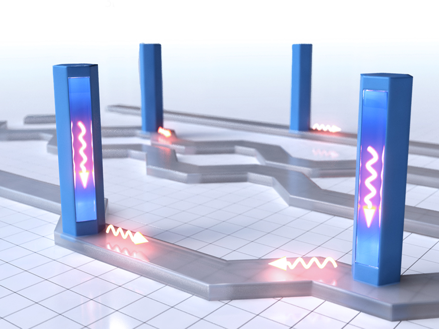 Illustration von Nanodrähten (blau), die Teil eines integrierten photonischen und quantenoptischen Schaltkreises sind.