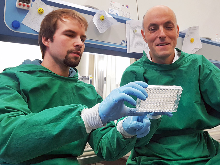Dr. Johannes Lehmann (left) and Prof. Stephan A. Sieber examine test results on the antibacterial effect of various substances. (Foto: Christian Fetzer / TUM)