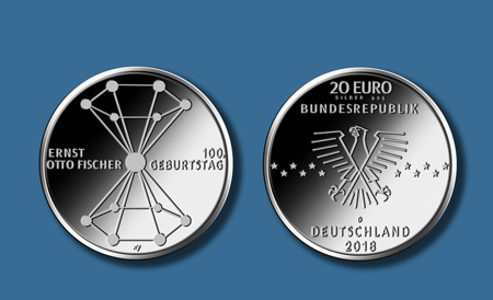 The two sides of the commemorative coin in honour of the Nobel laureate and former TUM professor Ernst Otto Fischer. (Source: BVA/ Design: Katrin Pannicke/ Photo: H.-J. Wuthenow)