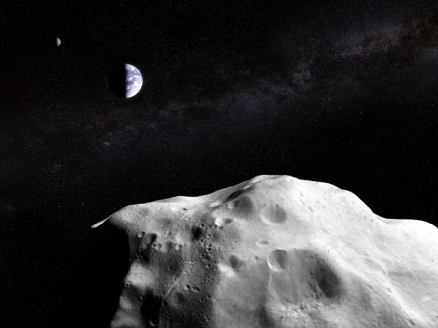 Blick vom Asteroiden Lutetia auf Erde und Mond. (Bild: J. Major / ESA)