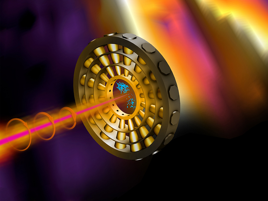 Titelbild der April-Ausgabe von Nature Photonics: Ultrakurze Röntgenpulse (rosa) ionisieren Neongas im Zentrum des Rings. Ein Infrarotlaser (orange) lenkt die Elektronen (blau) auf ihrem Weg zu den Detektoren ab. (Bild: Terry Anderson / SLAC National Accelerator Laboratory)