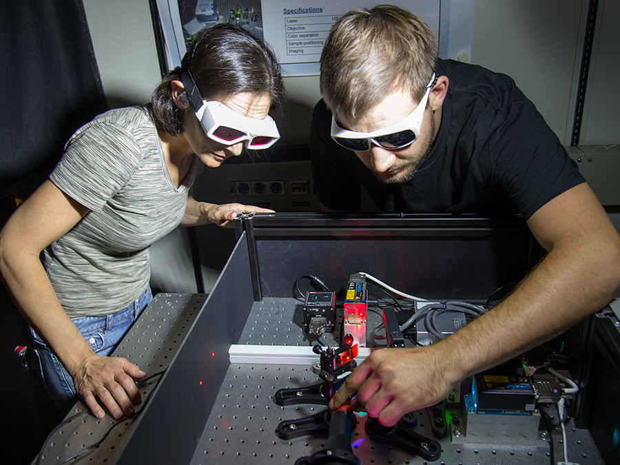 Dr. Zeynep Ökten und Mitautor Willi L. Stepp am Fluoreszenzmikroskop. (Bild: A. Battenberg / TUM)