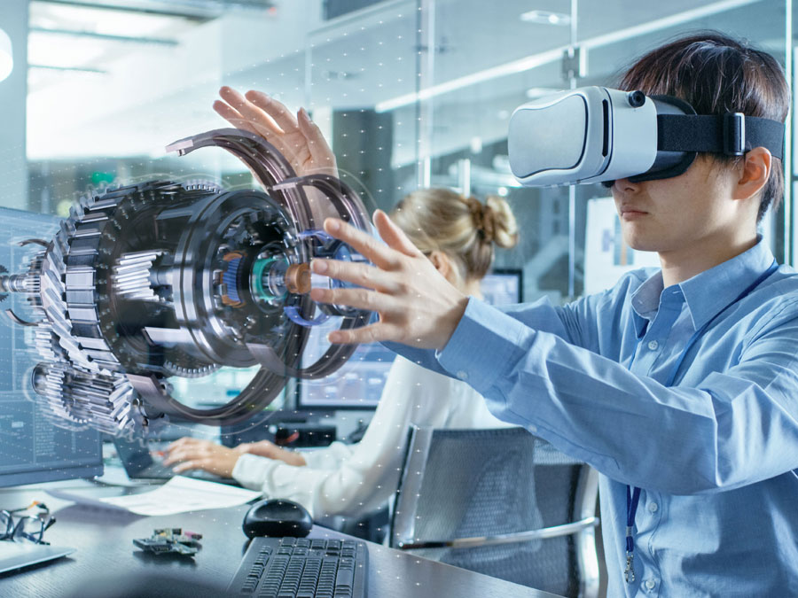 Virtual models will transform the product development process. (Image: gorodenkoff / istockphoto.com) Man with virtual-reality glasses designig a turbine.